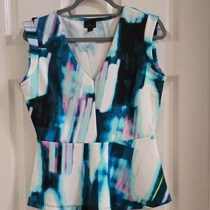 Worthington Multicolor V-Neck Sleeveless Peplum Top — Blue, Aqua, Pink, Black